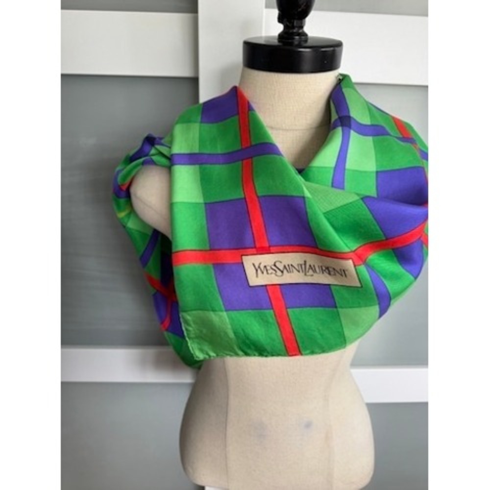 Yves Saint Laurent Vintage Silk Square Scarf Green Purple Red Plaid Logo